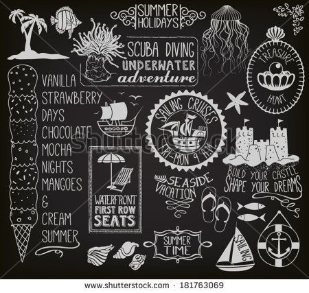 Chalkboard-style summer holiday illustrations including ice cream, ships, jellyfish, sandcastles, and beach-themed text labels.
