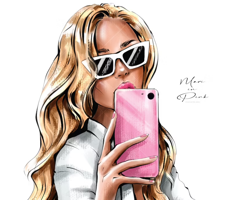 Fashion Illustration: Modern Selfie with Pink Phone & White Sunglasses