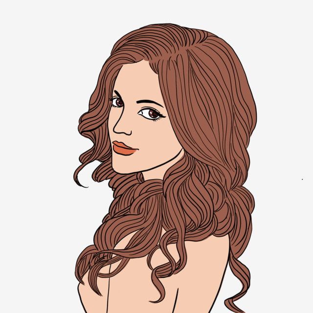 Illustration of a woman with long, wavy brown hair and warm makeup, shown in profile against a light background.