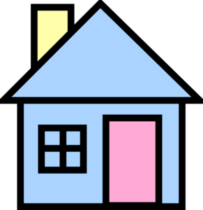 Simple cartoon-style house with blue walls, pink door, four-pane window, and yellow chimney against black background.
