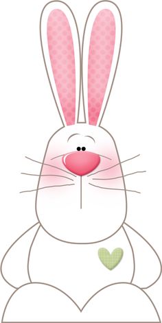 Cute white cartoon bunny with pink polka-dotted ears, rosy cheeks, and a green heart on its chest.