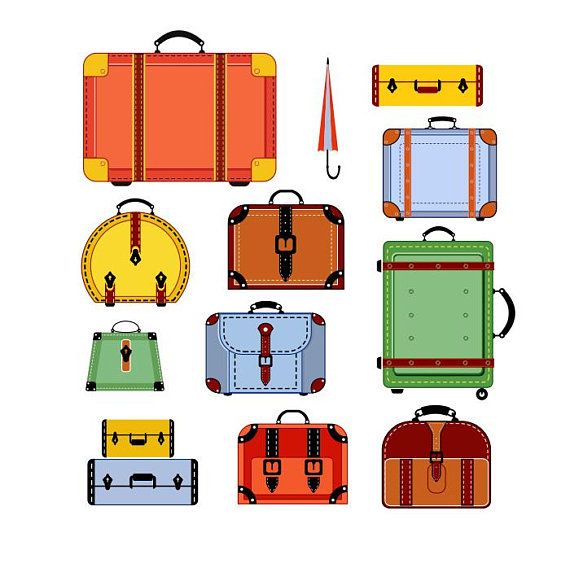 Collection of colorful vintage and modern suitcases, travel bags, and a red-and-white umbrella on white background.