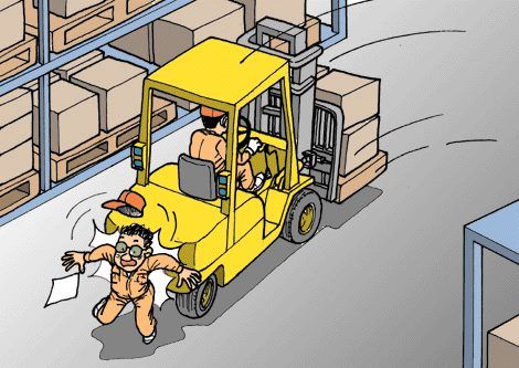 A cartoon depicting a forklift operator nearly striking a worker in a warehouse, illustrating workplace safety hazards.
