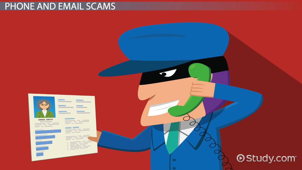 A cartoon scammer in a blue suit and mask holds a phone to his ear while displaying a fake ID labeled "Emma Smith".
