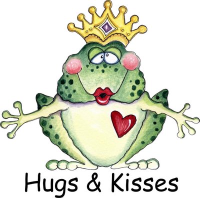 A cheerful green spotted frog wearing a golden crown with a red heart on its belly, labeled "Hugs & Kisses".