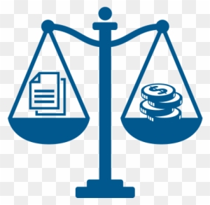 Blue justice scale with legal documents on one side and coins on the other, symbolizing law and finance balance.