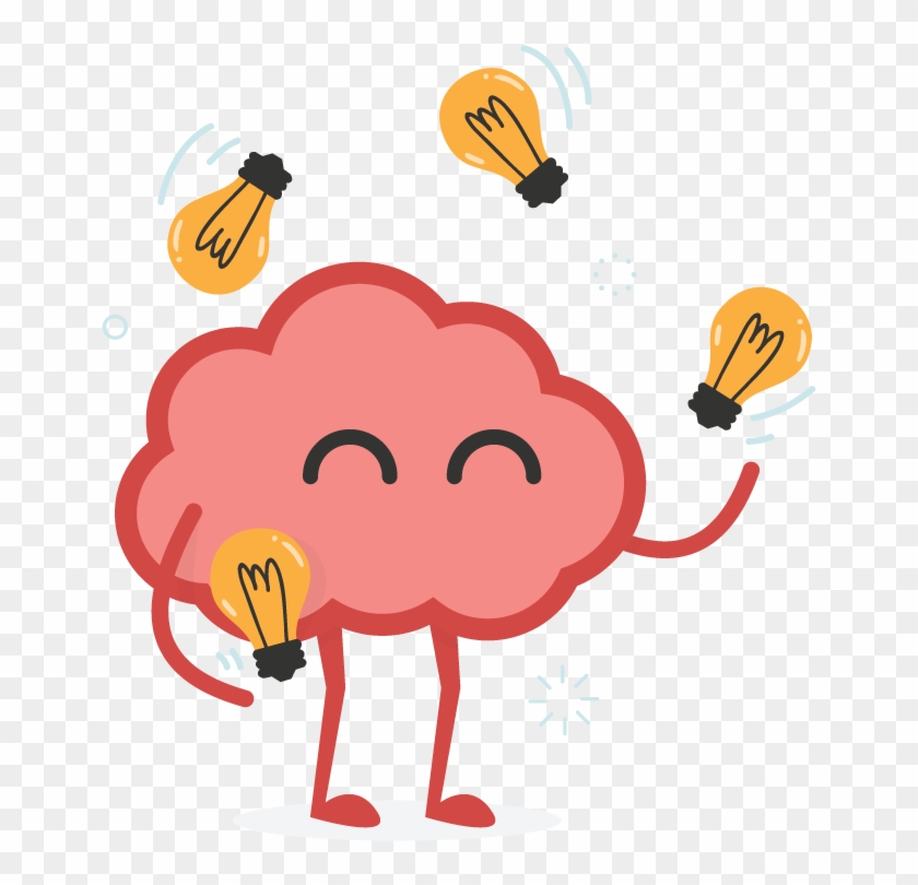 A smiling pink cartoon brain with arms and legs juggling glowing lightbulbs, symbolizing creativity and ideas.
