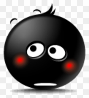 A glossy black cartoon sphere with wide white eyes, red blush spots, and a surprised expression.
