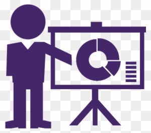 Purple icon of a person presenting a pie chart on a flip chart stand.