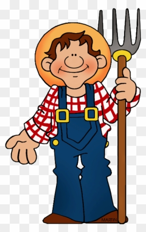 Cartoon farmer boy in red plaid shirt and blue overalls holding a pitchfork, smiling cheerfully.