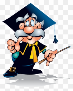 Cartoon professor in graduation cap and gown pointing with a pointer stick.