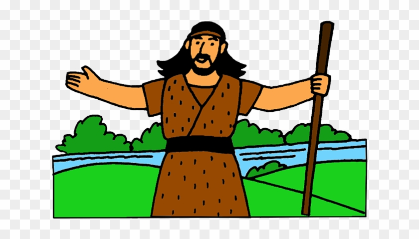 Biblical prophet or shepherd figure with staff, standing by a river with green fields and trees in background.