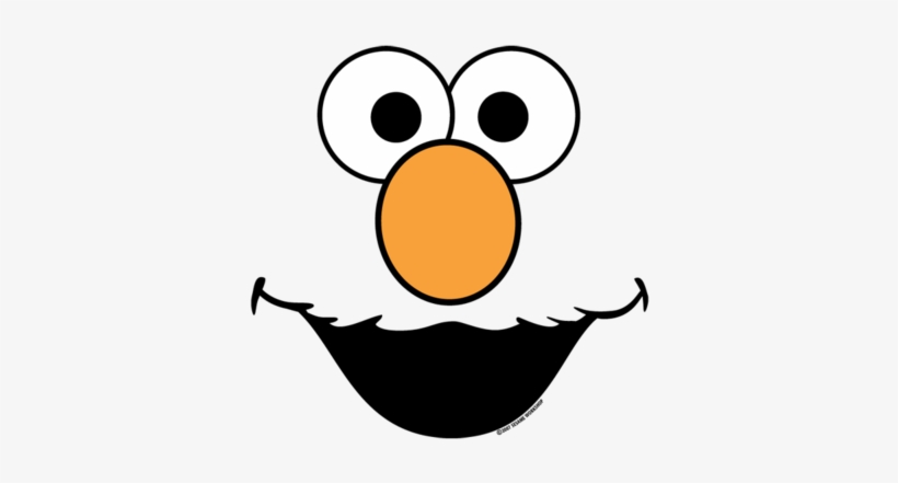 Elmo's cheerful face with large white eyes, orange nose, and wide black smile on white background.