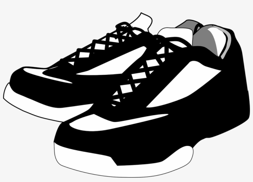 Black and white stylized illustration of a pair of athletic sneakers with laced-up design and layered soles.