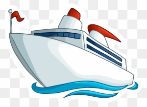 White cruise ship with red funnels and flag sailing on blue waves