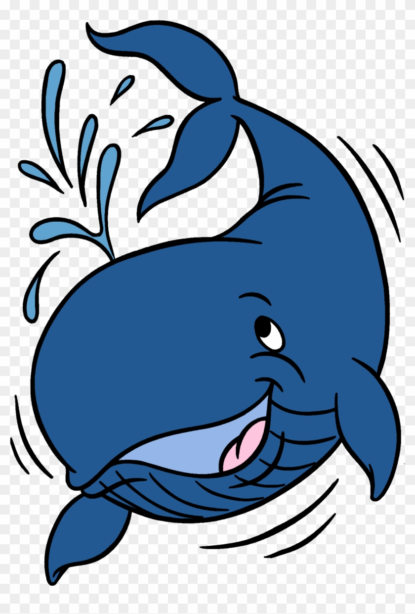 Cheerful blue cartoon whale leaping with water splash and smiling expression.