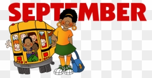 A smiling Black girl in school uniform stands beside a yellow school bus with children waving from the windows, under bold red "SEPTEMBER" text.