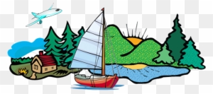 A colorful illustration showing a sailboat on water, pine trees, a cabin, mountains, sun, and airplane in sky.