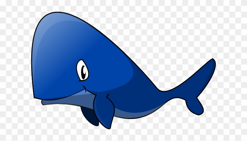 Blue cartoon whale with large eye and smiling expression on transparent background.