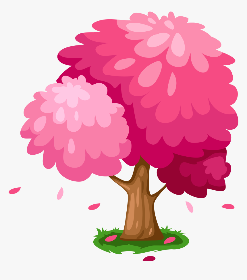 A stylized cartoon cherry blossom tree with vibrant pink flowers, brown trunk, green grass base, and falling petals.