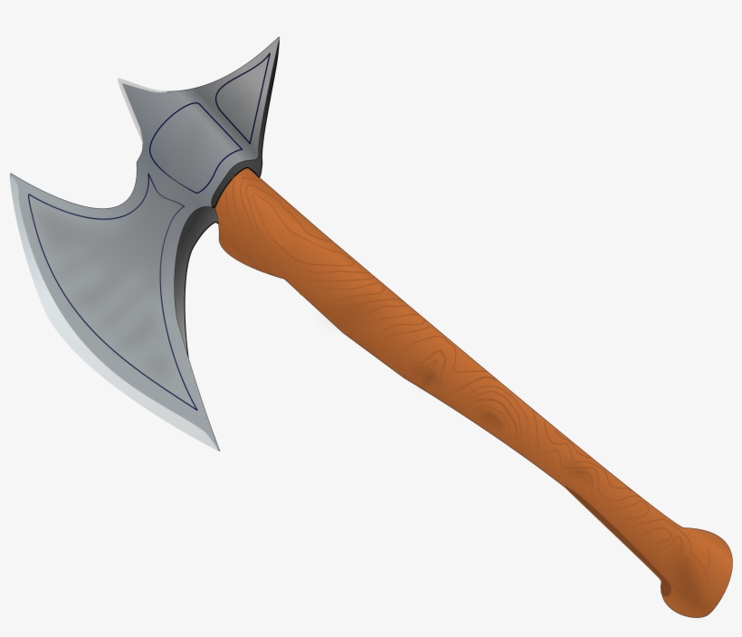 Double-bladed battle axe with ornate silver head and wooden handle, angled diagonally on white background.