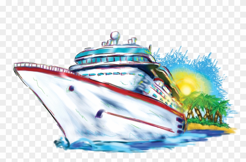 Colorful cruise ship sailing toward a tropical island at sunset with palm trees and ocean waves.