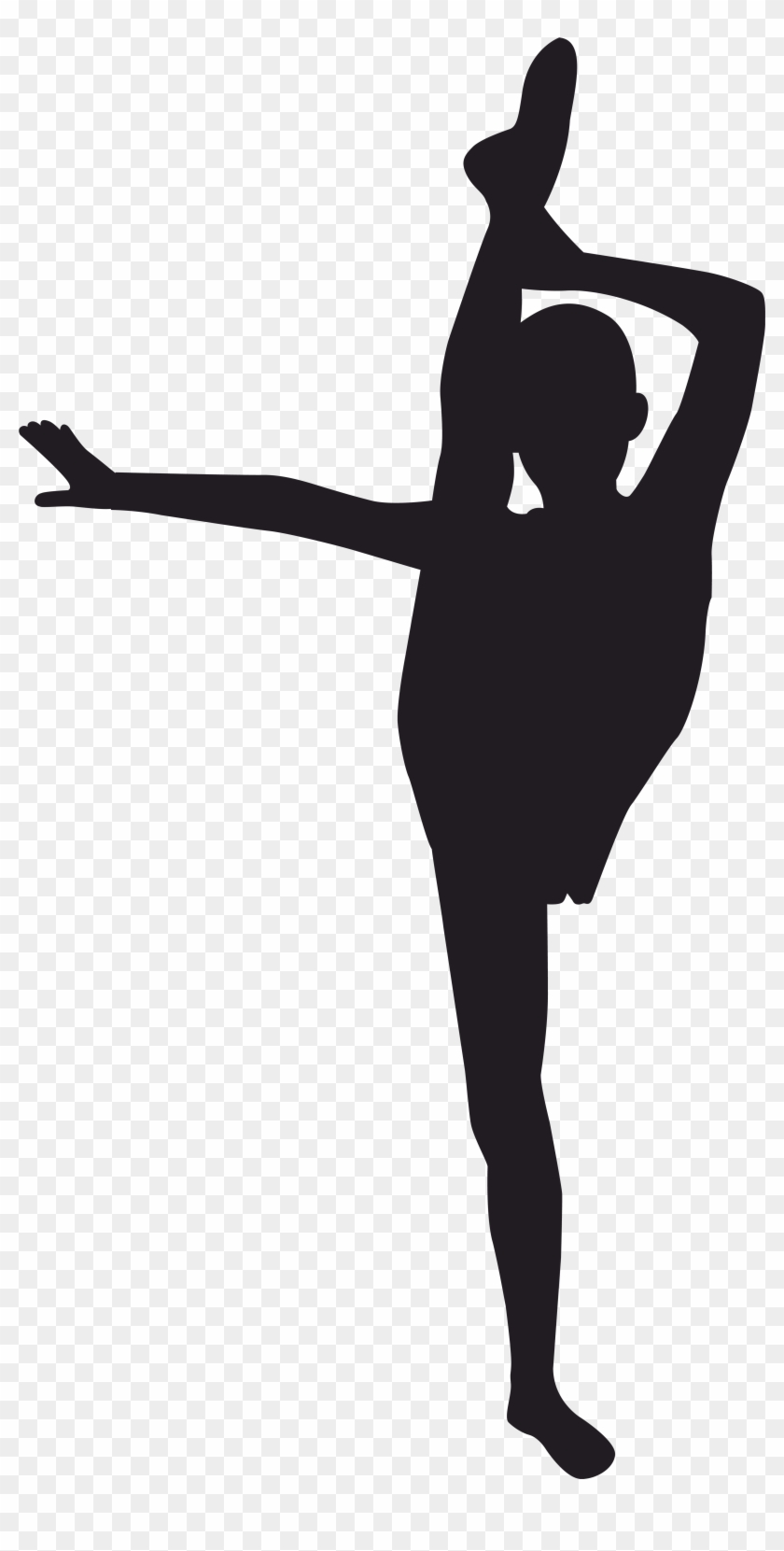 Silhouette of a dancer performing a high leg extension pose, arms gracefully positioned, showcasing balance and flexibility.