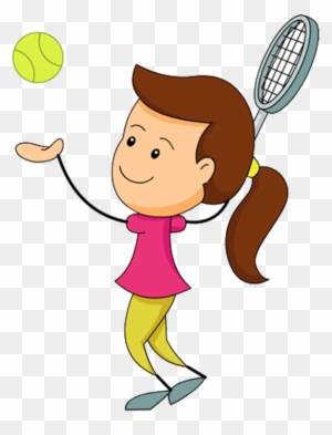 Smiling girl with brown ponytail serving a tennis ball with racket, cartoon style on transparent background.