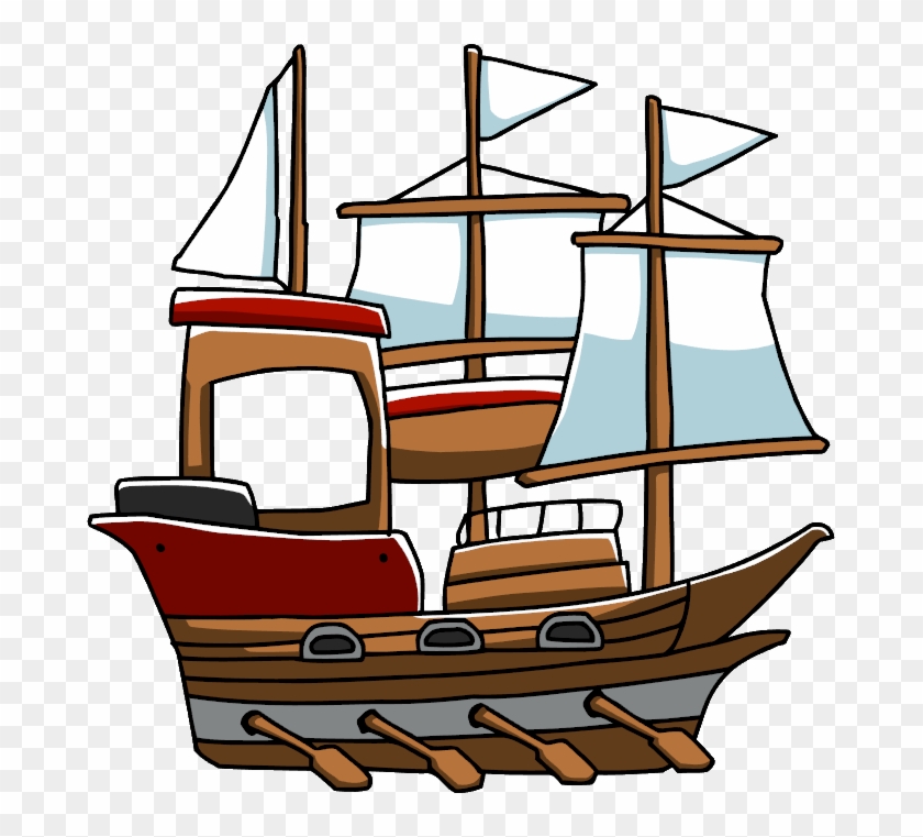 Cartoon-style wooden sailing ship with three masts, white sails, red accents, and oars along the hull.