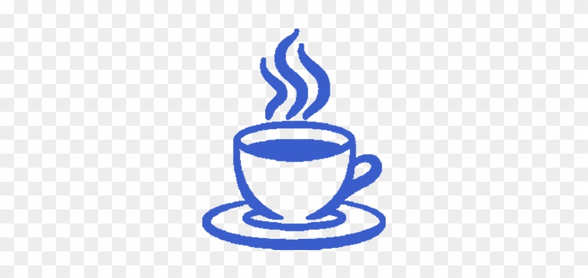Blue line-art icon of a steaming coffee cup on a saucer, symbolizing warmth and refreshment.