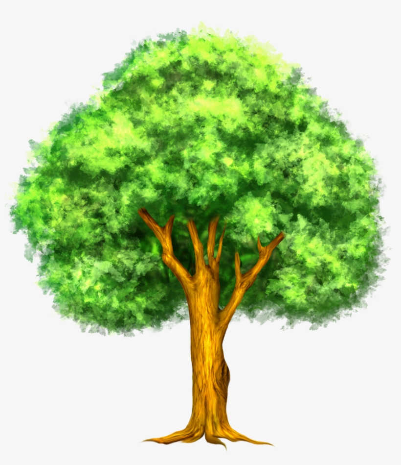 A vibrant, stylized tree with a thick brown trunk and lush green foliage in watercolor style.