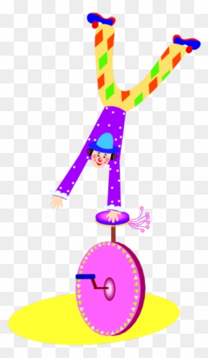 Clown performing handstand on unicycle with colorful striped legs and purple polka-dot outfit.