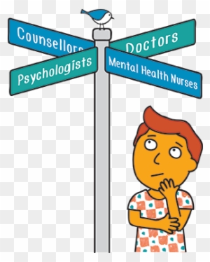 A cartoon person pondering at a signpost pointing to counsellors, psychologists, doctors, and mental health nurses.