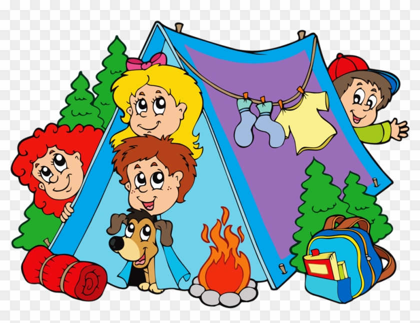 Cartoon children camping with a tent, campfire, dog, backpack, and clothesline in a forest setting.