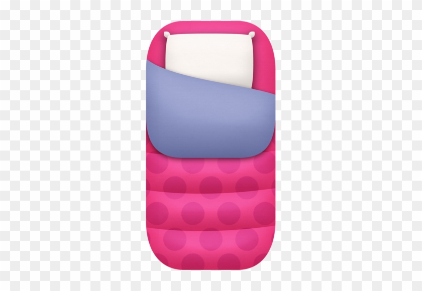 Pink polka-dot sleeping bag with blue blanket and white pillow, cartoon-style illustration.