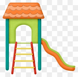 Colorful cartoon-style playground with green playhouse, orange roof, red ladder, and wavy slide on transparent background.