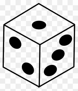 Black-and-white line drawing of a six-sided die showing faces with 1, 2, and 5 pips on a transparent background.