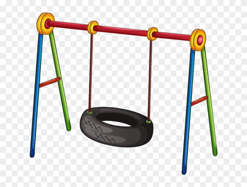 Colorful playground tire swing with red crossbar and blue-green A-frame supports on transparent background.