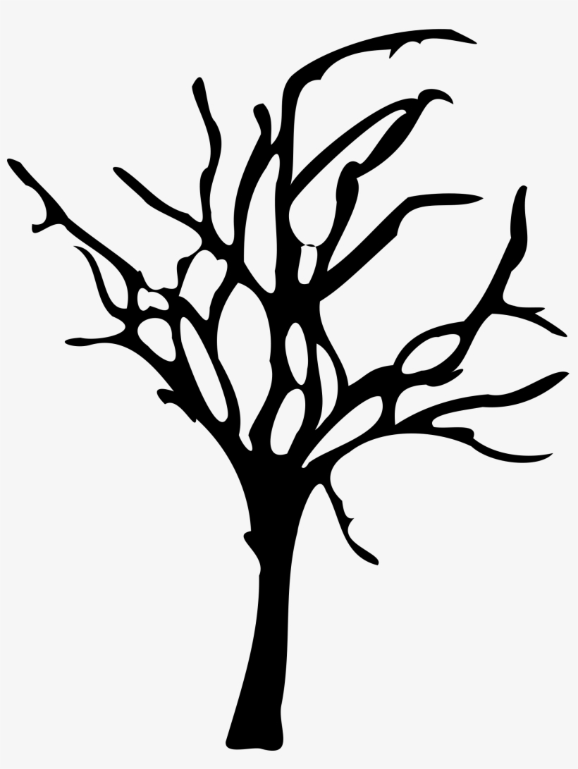 Black silhouette of a leafless, gnarled tree with twisted branches against a white background.