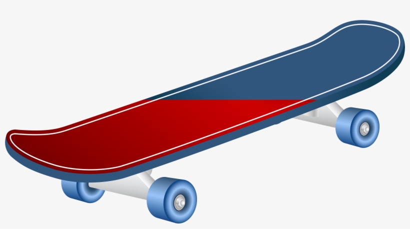 Blue and red skateboard with white trim and blue wheels on a light background.