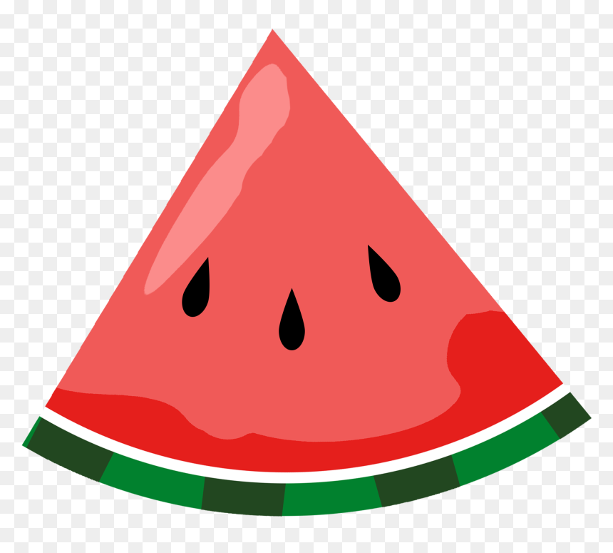 A cartoon-style slice of watermelon with red flesh, black seeds, and green rind on a transparent background.