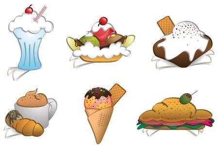 Six colorful dessert illustrations including milkshake, banana split, ice cream sundae, hot chocolate, cone, and pastry sandwich.