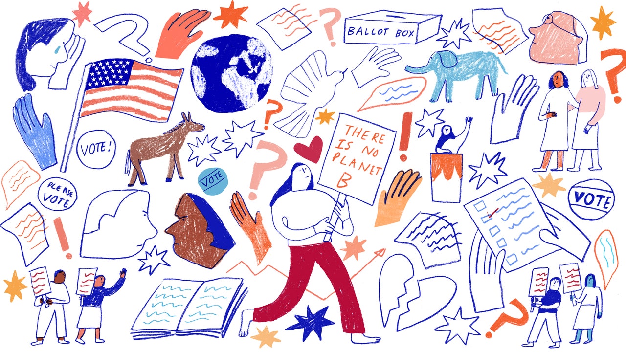 Hand-drawn illustration of civic engagement themes: voting, climate action, democracy symbols, and diverse people protesting and participating.