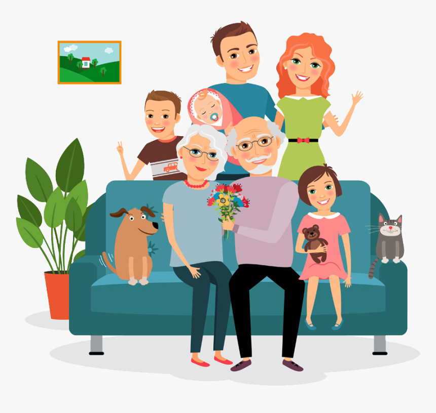 Multigenerational family smiling together on a couch with pets and flowers, including grandparents, parents, children, and a baby.