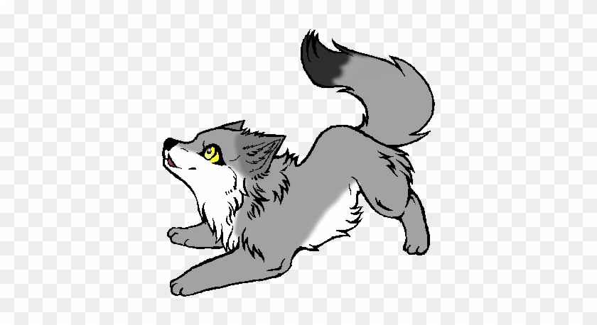 Gray and white animated wolf with yellow eyes in a playful crouching pose, tail curled upward.