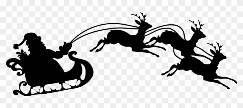 Silhouette of Santa Claus in sleigh pulled by four reindeer flying through the air.