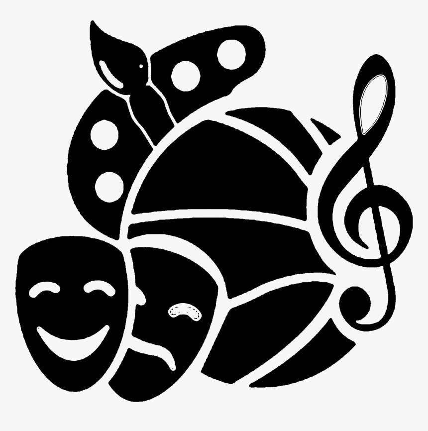 Black-and-white icon combining comedy/tragedy masks, a butterfly, and a treble clef symbolizing arts, music, and drama.