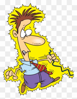 Cartoon man with spiky hair, wide eyes, and frantic expression running while holding a sparking wire.