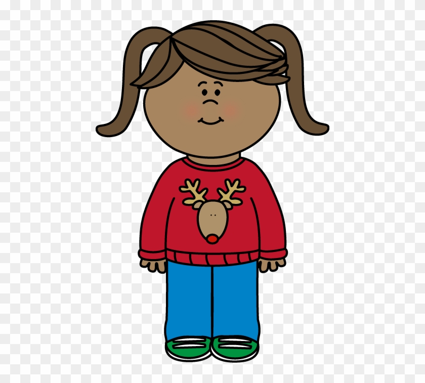 Cartoon girl with brown pigtails wearing a red reindeer sweater, blue pants, and green shoes.