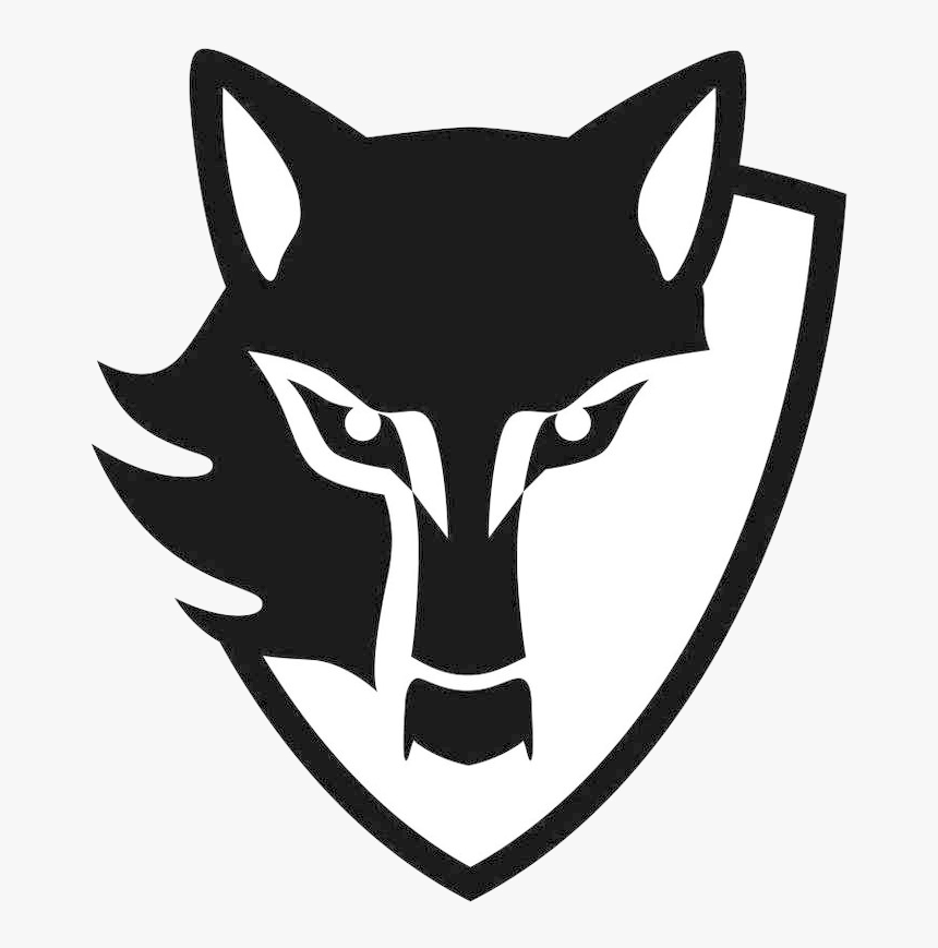 Black wolf head emblem inside a shield, stylized with sharp eyes and fierce expression.